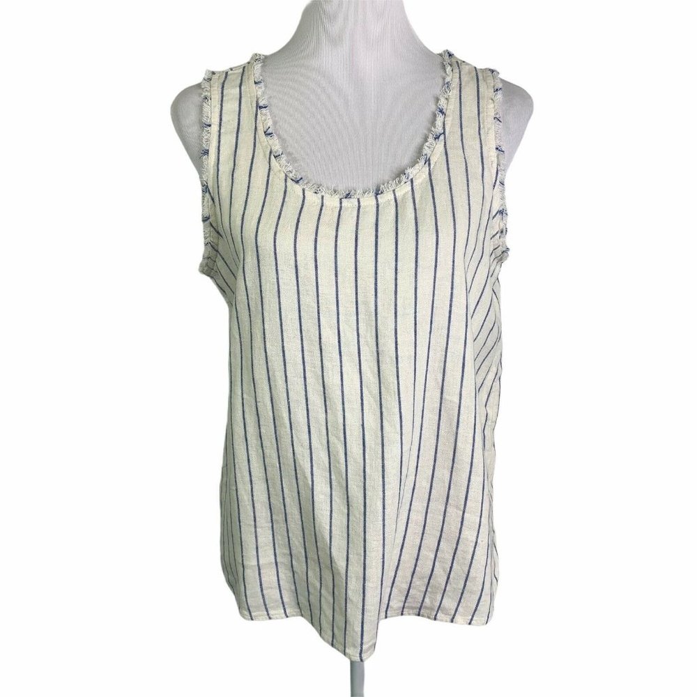 Caslon Ivory Blue Striped Linen  Scoop Neck Top
